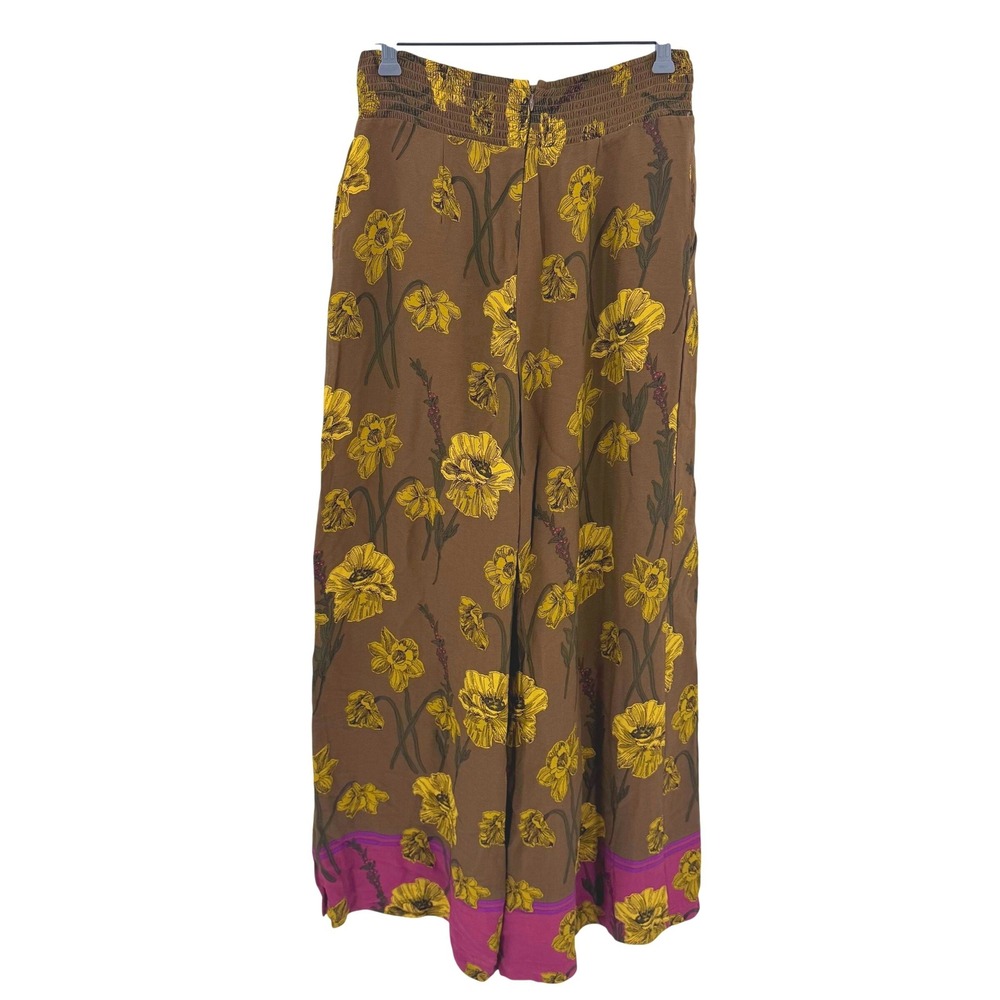 Maeve Anthropologie Terrace Floral Wide Leg Pants Brown Yellow Poppy Smocked 6 - Picture 3 of 9